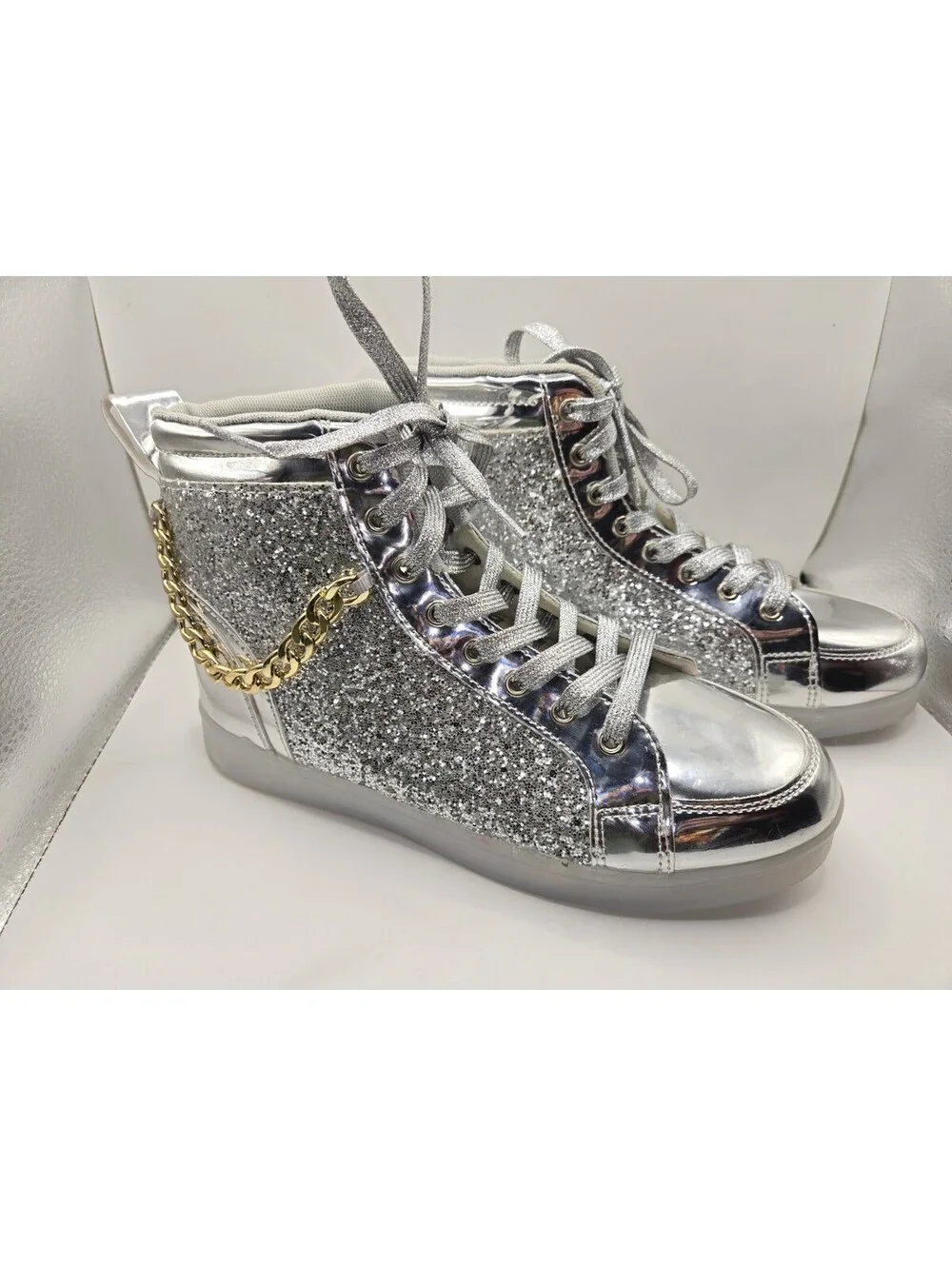 Silver Glitter Light Up Shoes High Top Metallic Dance Sneakers Chain Detail Sz 9